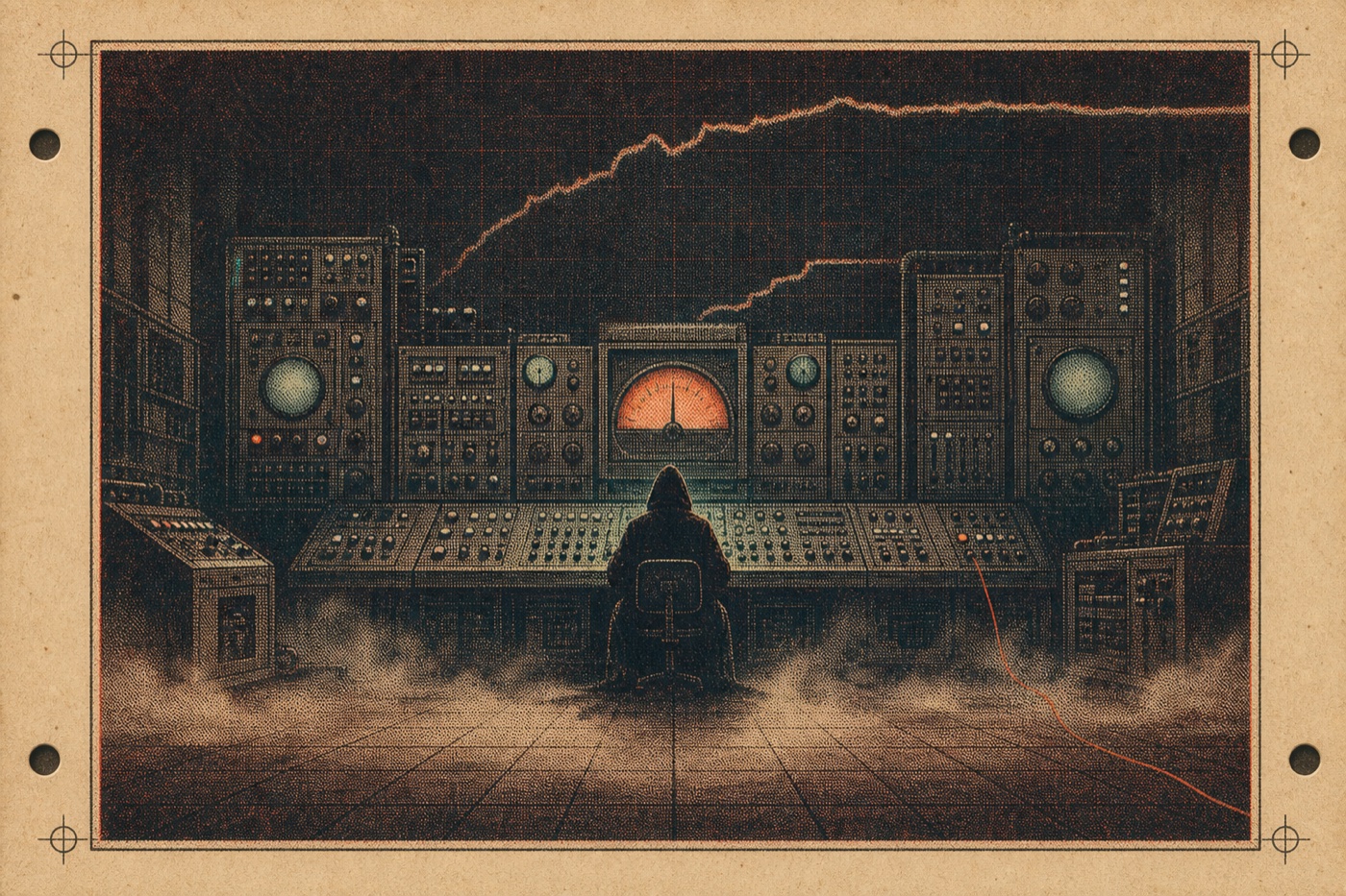 Cover plate — a lone operator before a vast analog control panel